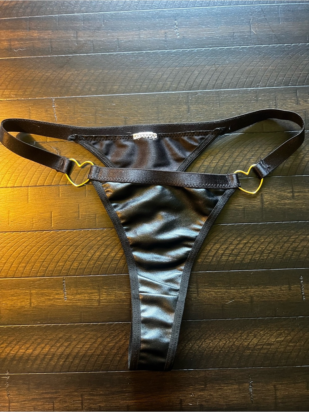 Black pleather Thong with Gold Heart Rings